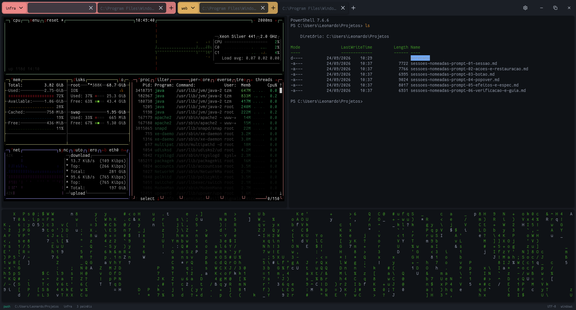 Porecatu window with the infra and web tab groups, and one tab split into three panes running btop, PowerShell and a terminal animation.